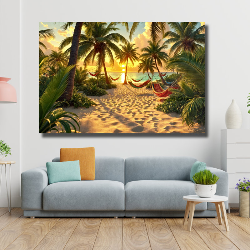 Art mural en verre trempé Tropical Beach Sunset, 18" H x 24" W