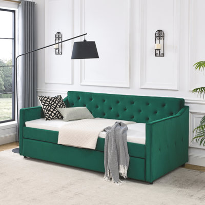 Lit de jour simple avec lit gigogne, canapé-lit rembourré capitonné avec accoudoirs ondulés, canapé-lit vert et peu encombrant pour la chambre à coucher ou le salon (80,5 po x 44,5 po x 33,5 po)