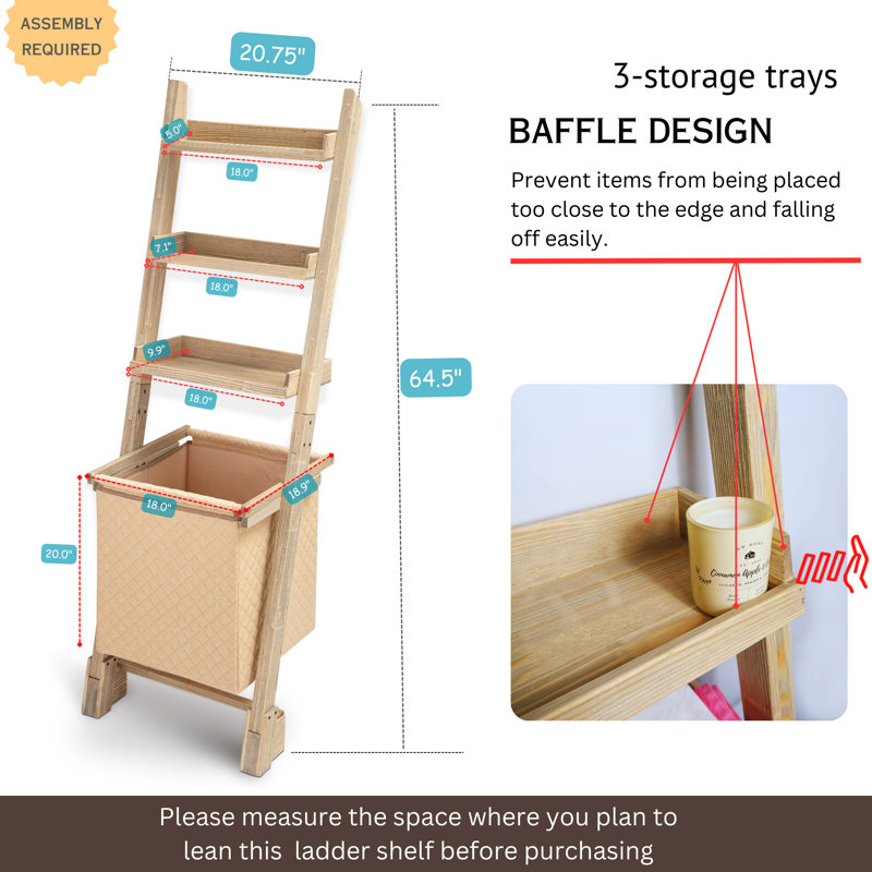 Rustic Wood Leaning Laundry Hamper Shelf with Pull-Out Hamper & Storage Trays