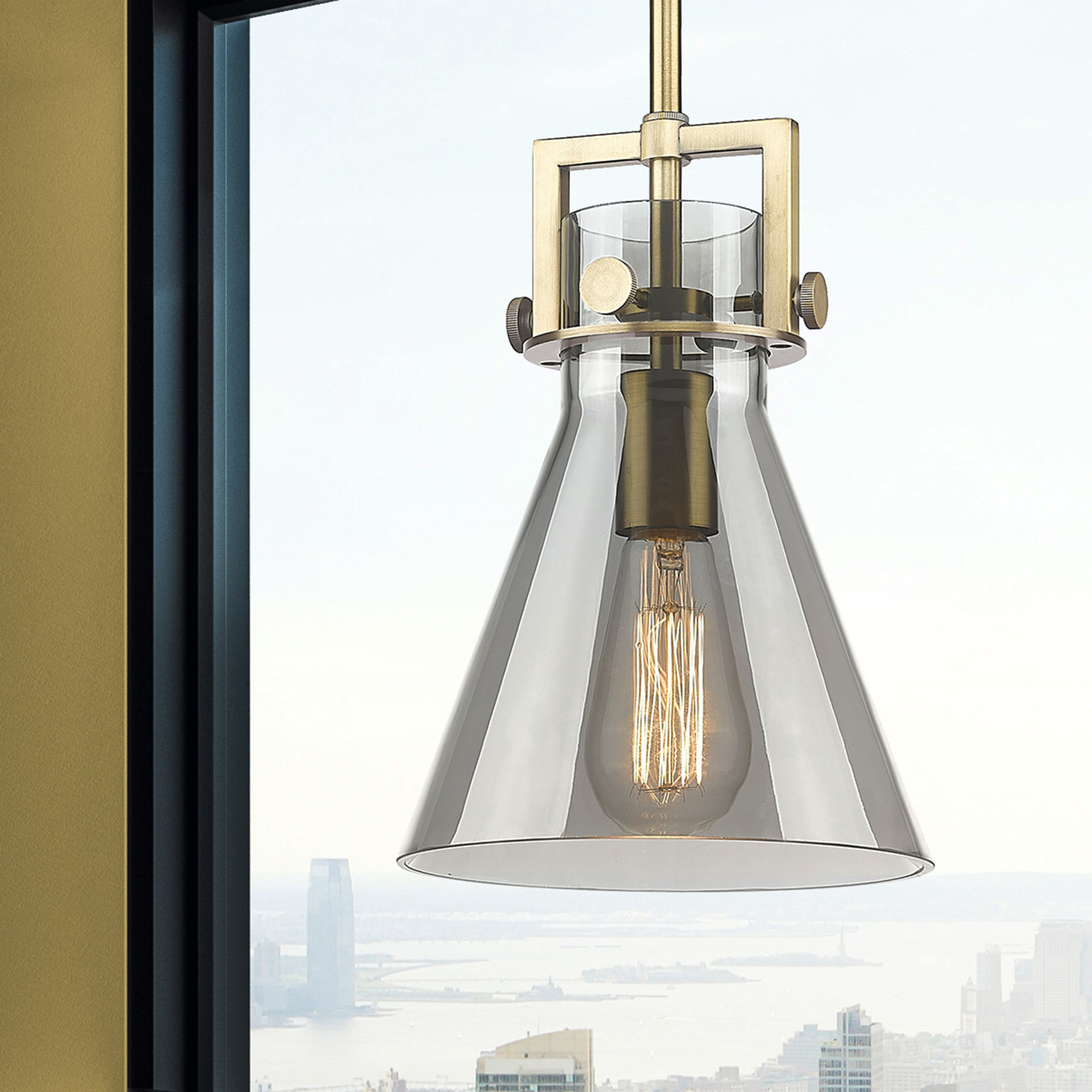 Coterie Single Light Glass Dimmable Pendant, Brushed Brass, Plated Smoke, 11.38" H x 8" W x 8" D