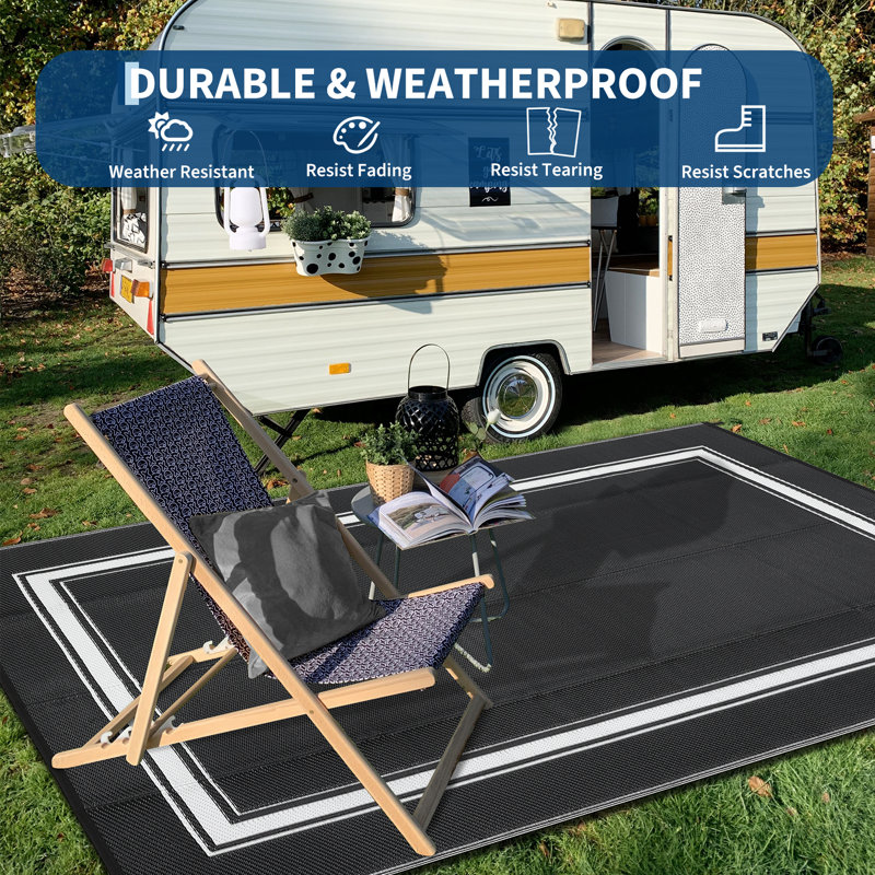 9x12 FT Black&White Waterproof Plastic Straw Outdoor Patio Rug, Reversible Modern Bordered Camping Mat, UV Resistant Easy Clean Foldable Carpet with Bag & Stakes for RV Deck Balcony Picnic Backyard