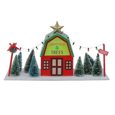 Rangement pour arbre de Noël à lumières rouges et vertes 14 po avec pins - lumières blanches fraîches