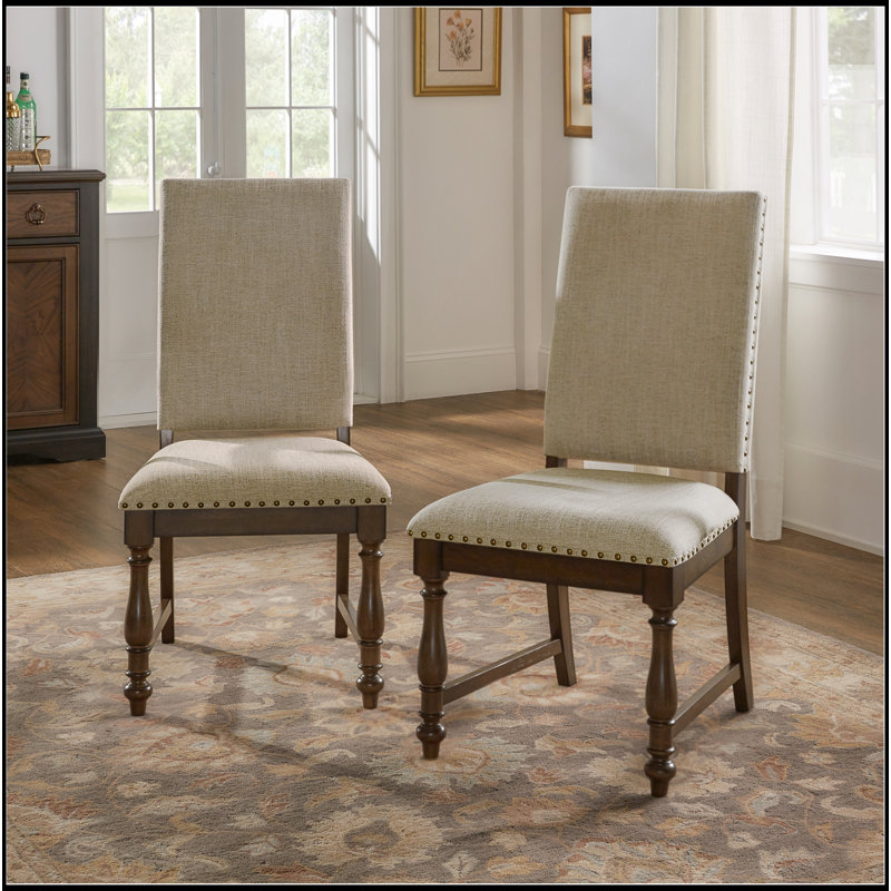 Ensemble de 2 chaises d'appoint Tom, polyester beige, brun chêne, pieds tournés