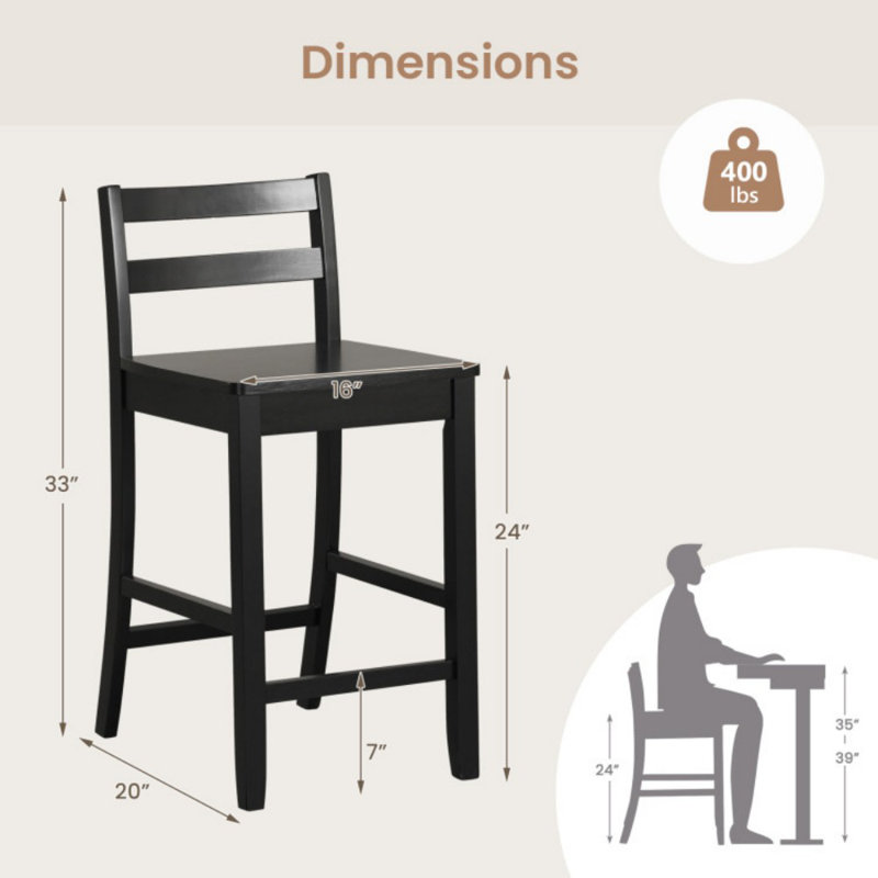 Wooden Bar Stools Set of 2 with Ergonomic Backrest and Footrest, Black