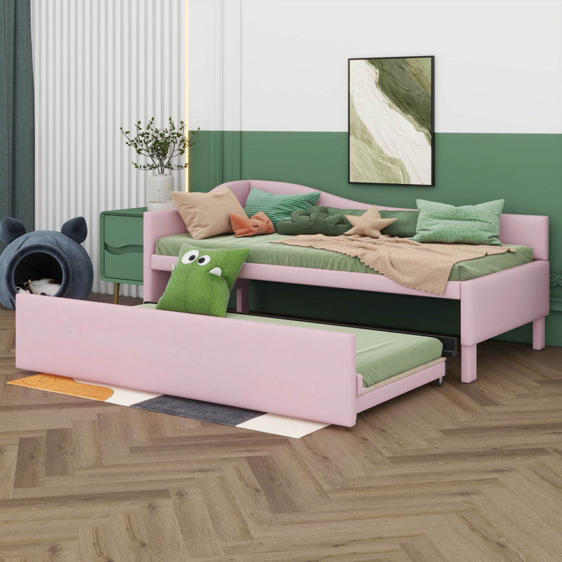 Twin Size Daybed With Pop Up Trundle, Linen Upholstered Day Bed Frame With Wood Slats,Extendable Trundle Bed,Twin To King Design