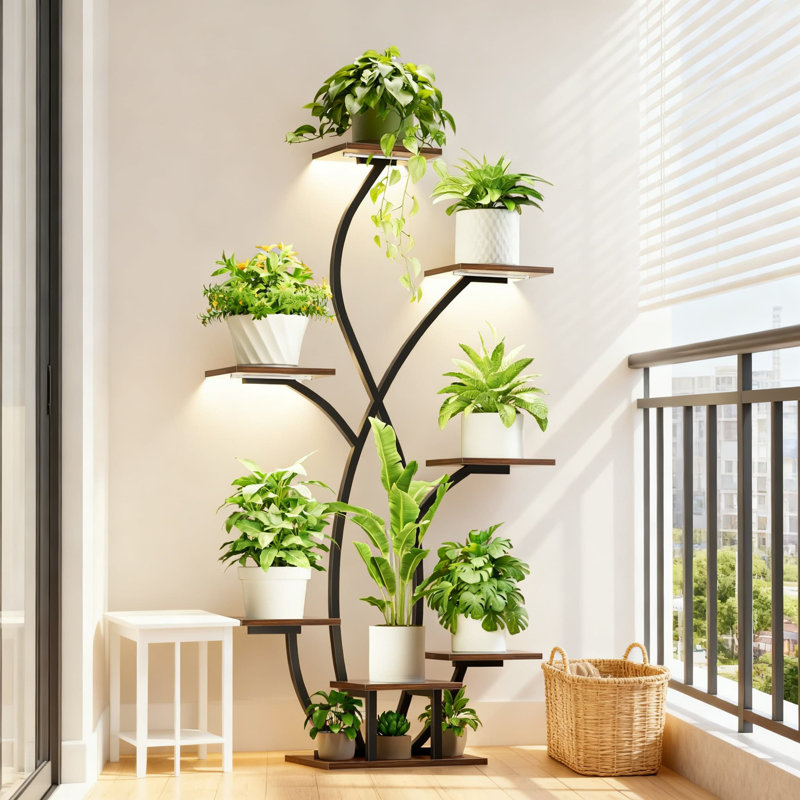 Support pour plante d'intérieur avec lumière de croissance, étagère d'angle à 7 niveaux pour plantes d'intérieur, support de présentation en métal pour la décoration du balcon du salon