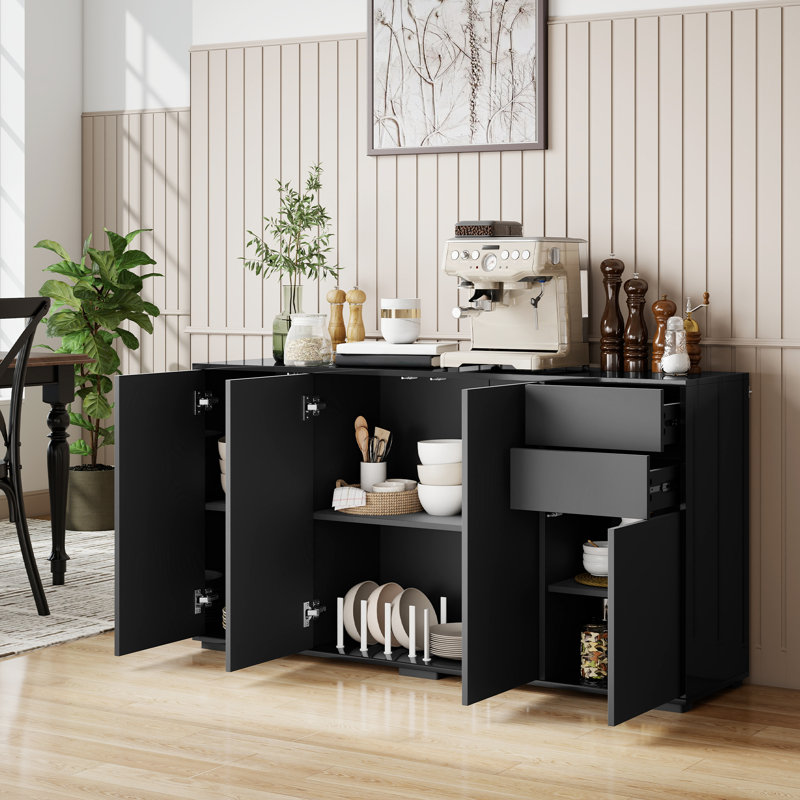 Kitchen Sideboard with Push-Open Drawers and Storage Cabinets, Black