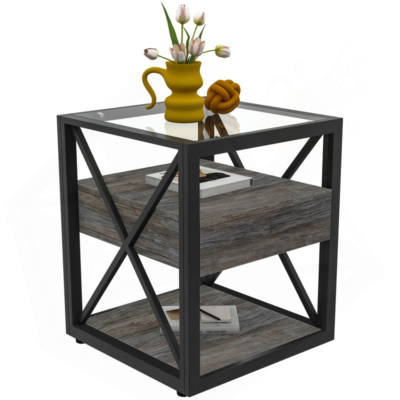 1 Piece Modern End Table With Drawer - Nightstand For Bedroom & Living Room, Rustic Wood Grain MDF& Tempered Glass Top, Industrial Style Side Table