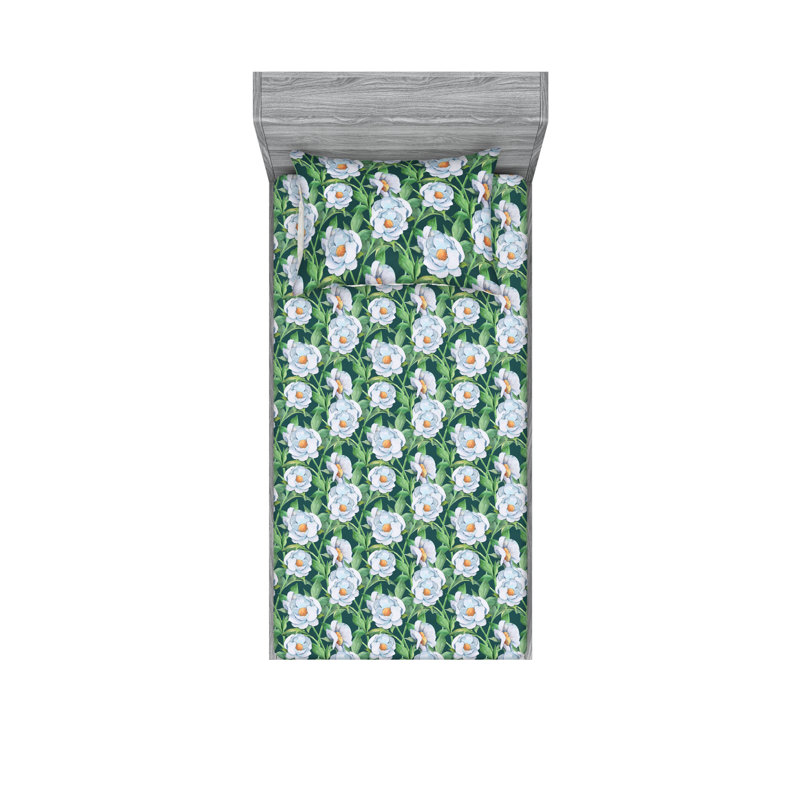 Ambesonne Fitted Sheet & Shams, Hunter Green/Soft Blue Flower, Twin XL Sheet Set with 1 Pillowcase