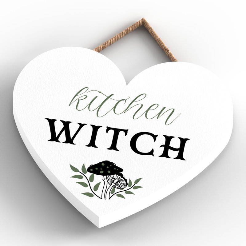 Kitchen Witch Mushrooms Wooden Heart Plaque, 10cm H x 9cm W x 0.5cm D, White