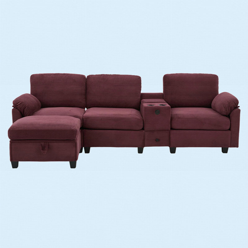 Canapé en velours côtelé L-Type avec design segmenté 4 places, porte-gobelet, port USB, boîte de rangement, console mobile et repose-pieds