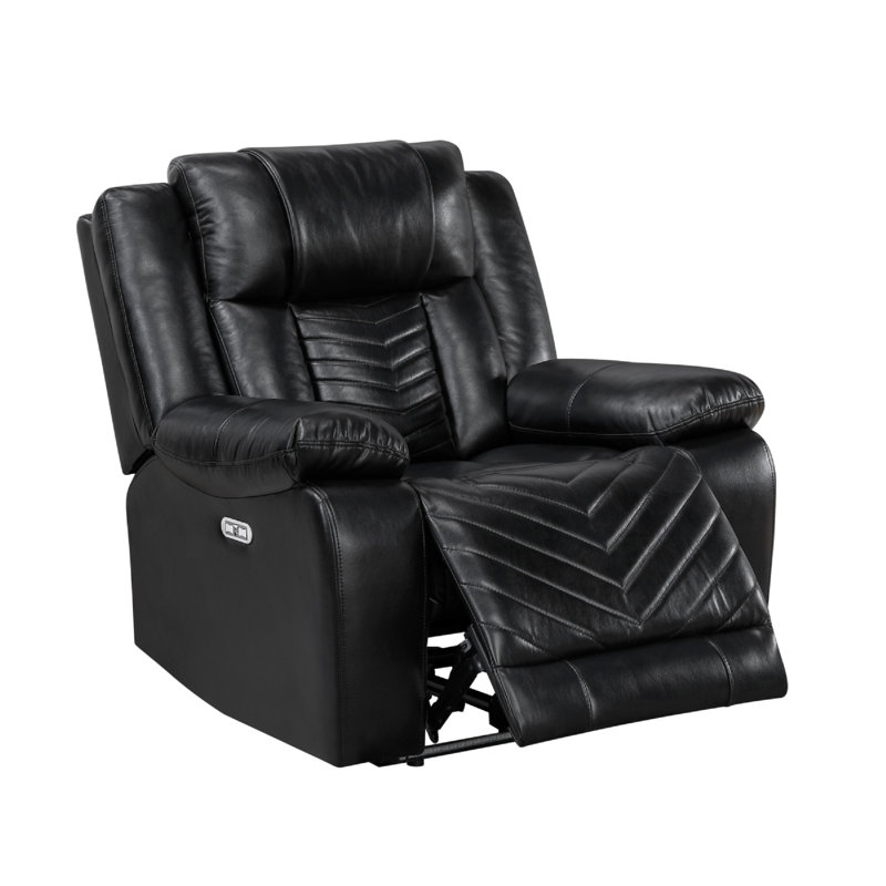 Power Reclining Chair, USB Ports And Blue LED, Foam Fill Black Faux Leather, Black
