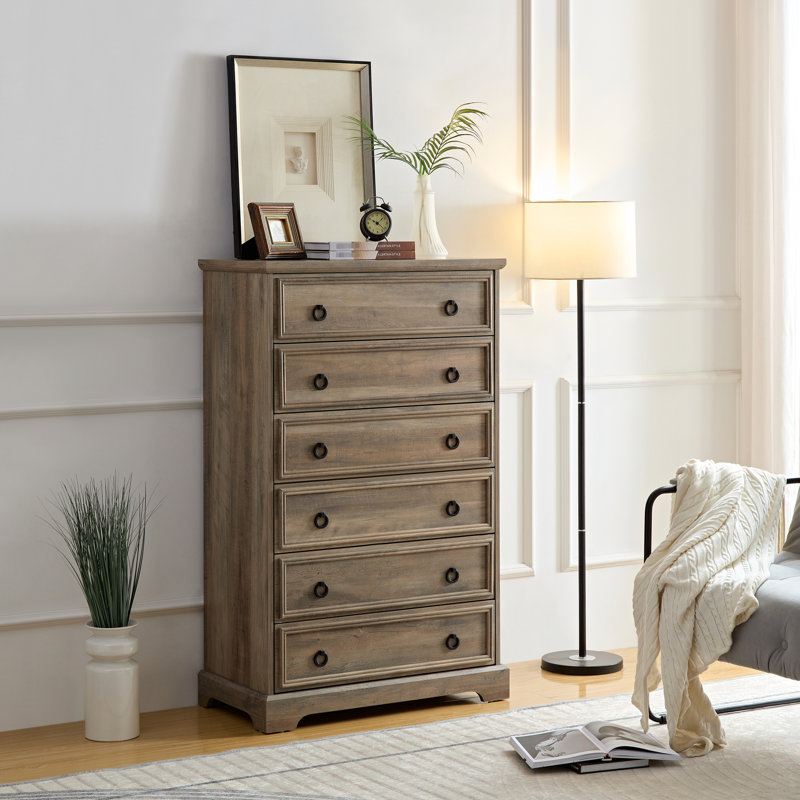 Commode 6 tiroirs pour chambre à coucher - coulissant en douceur, surmatelas, 6 grands espaces gris délavé, peinture brillante,