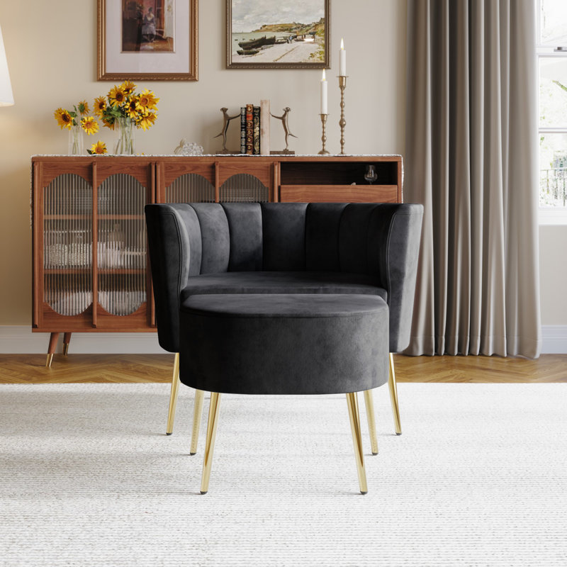 Keighley Upholstered Armchair with Ottoman, Black Velvet