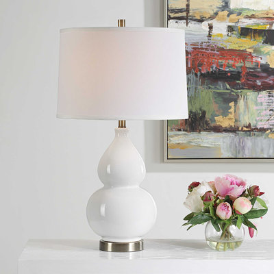  Table Lamp 26"H White Glazed Ceramic Gourd Base with Antique Brass Accents – White Linen Shade Classic Accent Lighting