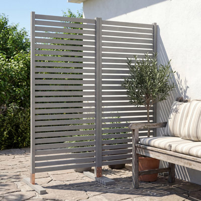 Solana 36" x 74" Modern Solid Acacia Wood Slat Outdoor Privacy Screen, Freestanding Single Panel Patio Room Divider, Grey Wash Finish