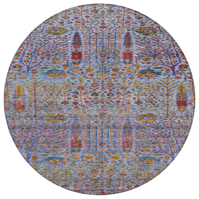 Machine Washable Indoor/Outdoor Xhevrie Blue Rug, Round 8'
