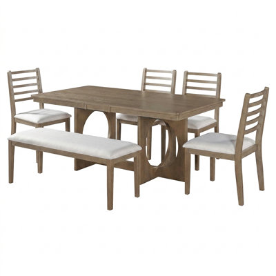 6-Piece Extendable Wood Dining Table Set - 60"-72" Rectangular Table with Leaf, Chairs & Upholstered Bench