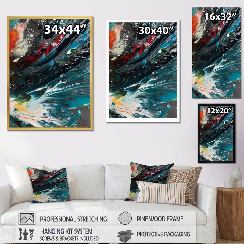 «Rhythic Abstract Red Teal Awakening», reproduction d'art sur toile, H 40 po x l 30 po x P 1,5 po, Cadre flottant blanc