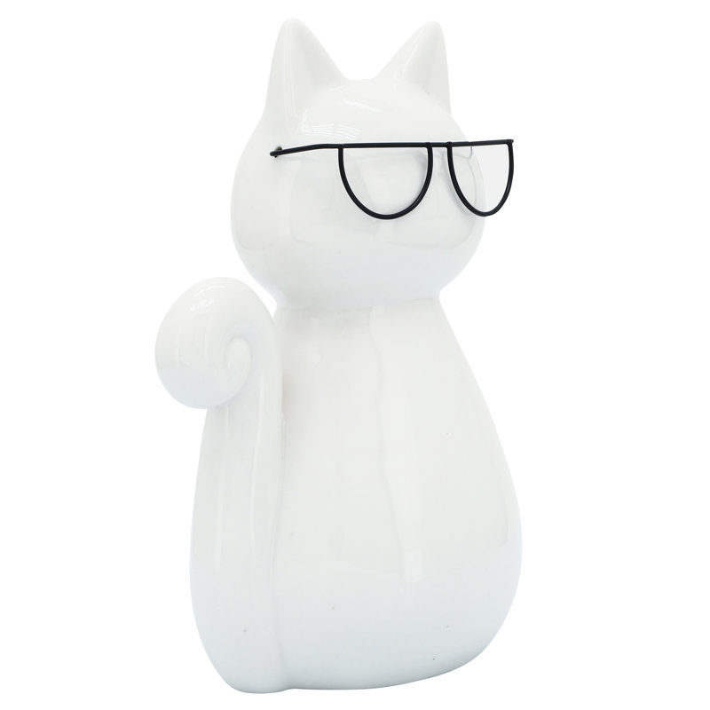 Adalmiina Modern Stoneware and Porcelain Cat Figurine with Glasses, 7" H x 5" W x 4" D
