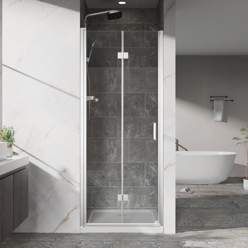 Shower Doors, Frameless Bi-Fold Swing Shower Door,1/4" (6Mm) Clear Tempered Glass Finish Hardware, Reversible Installation
