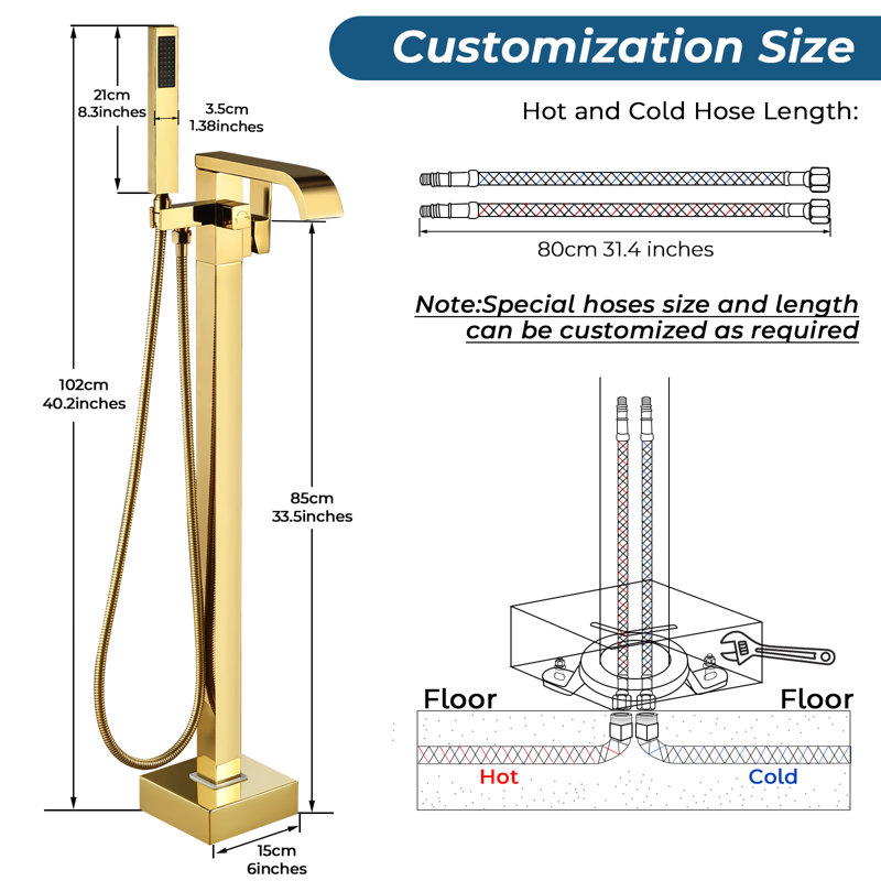 Free Standing Tub Faucet Floor Mount Tub Filler Bathroom Faucet Single Handle with Hand Shower, Gold