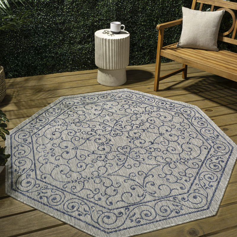 Hagerman Vintage Filigree Textured Weave Gray/Navy Indoor/Outdoor Rug, Octagon 7'9"