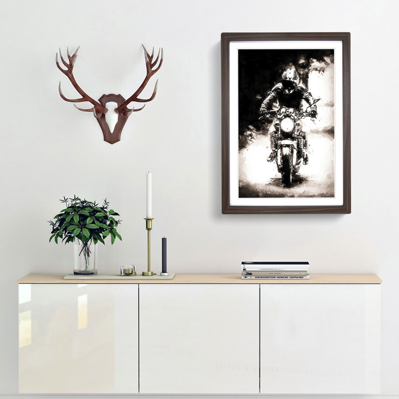 Motorbike Rider in Sepia in Abstract - Picture Frame Painting Print, 48cm H x 36cm W x 2cm D, Walnut Framed