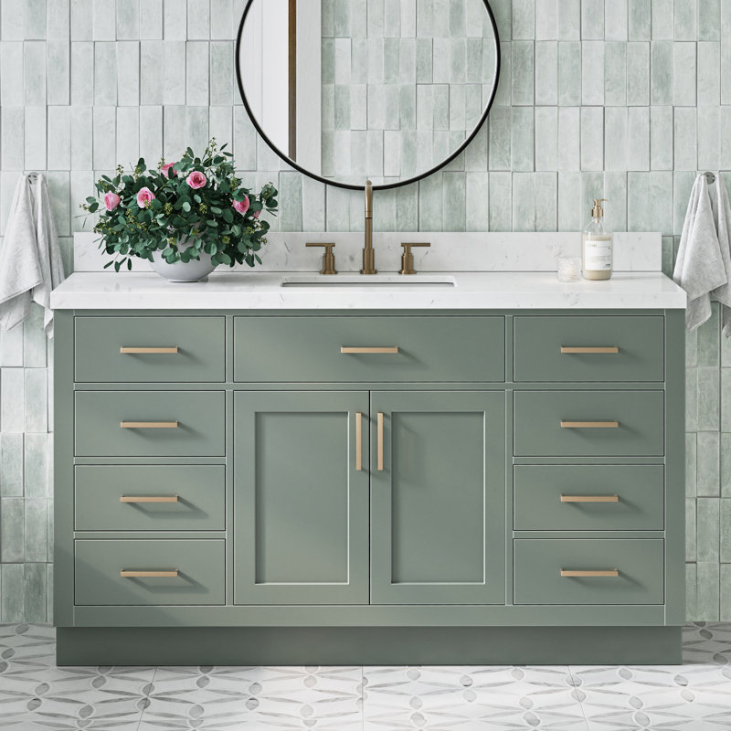 60" Single Sink Bathroom Vanity, Satin Brass, Vintage Green