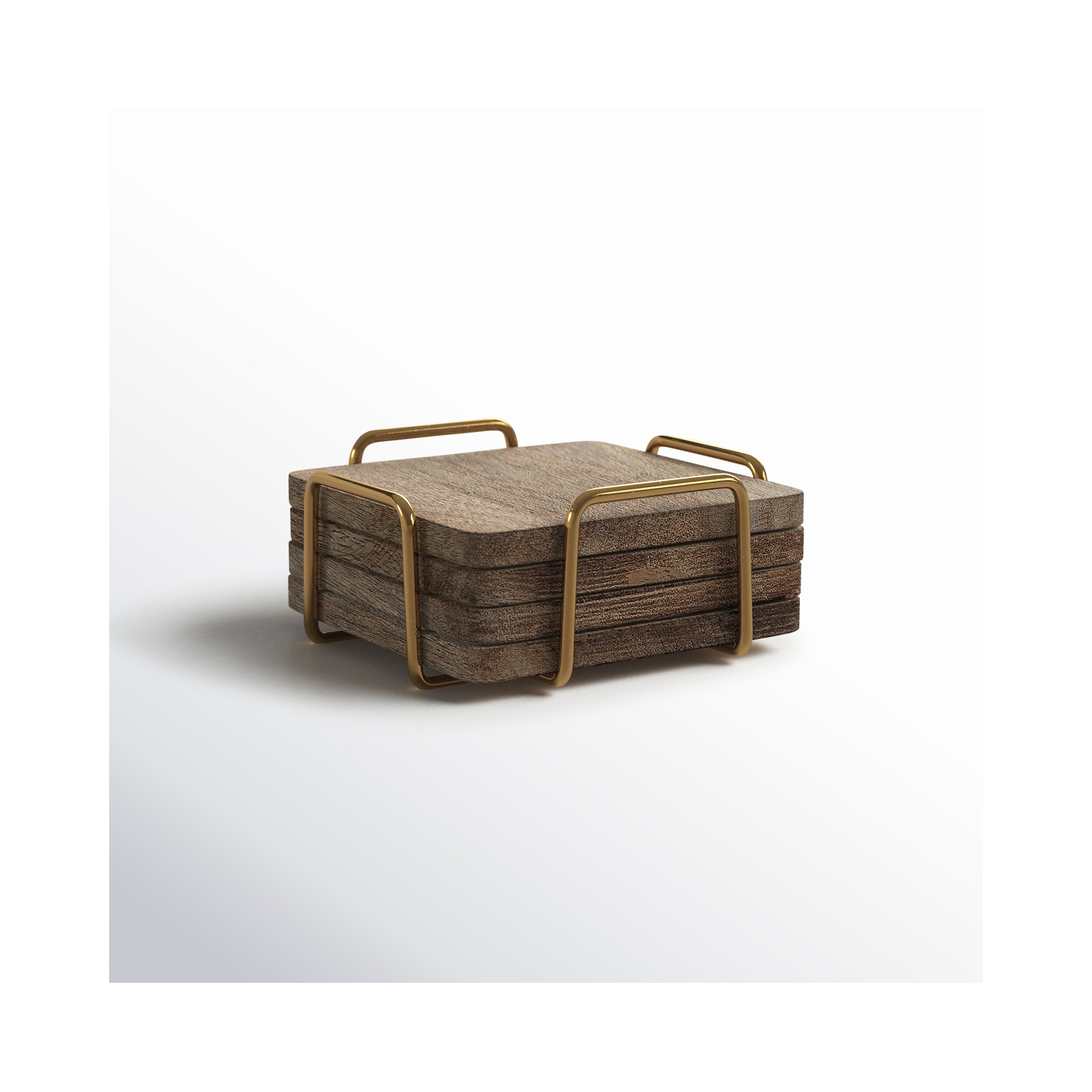 Wallis Godinger Wooden Coaster Set with Holder, Burned/Gold