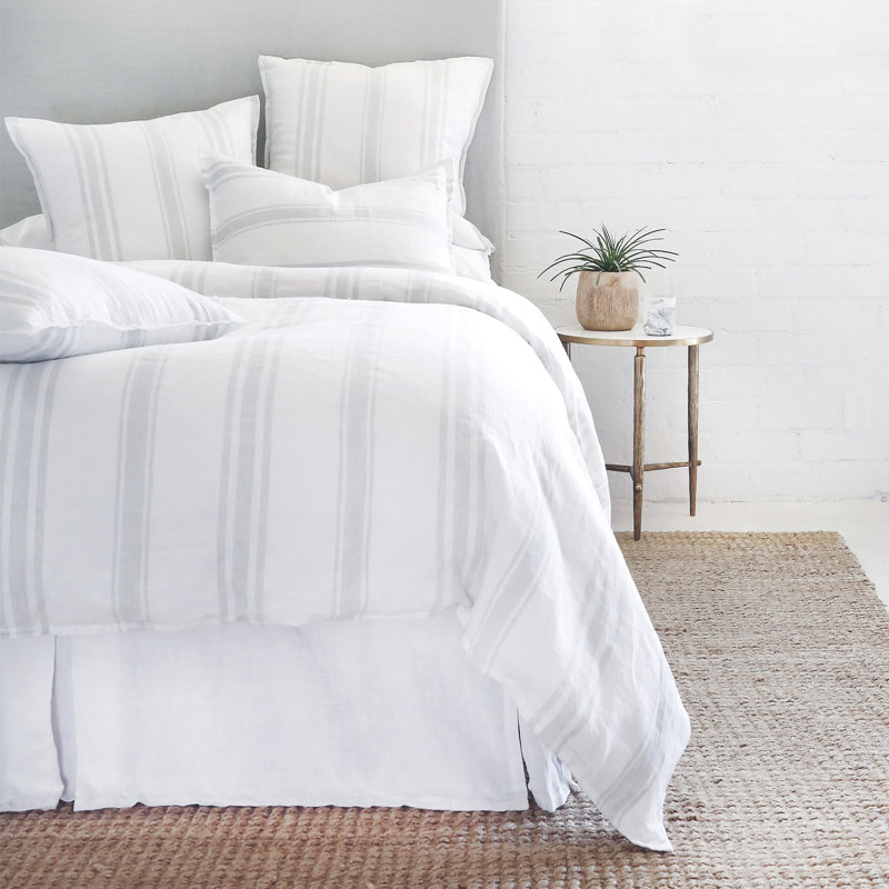 Jackson Striped Linen Duvet Cover, White/Ocean, King Duvet Cover