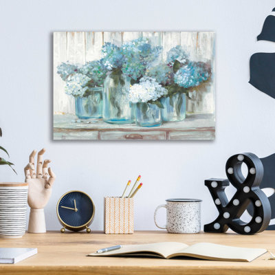 " Hydrangeas In Glass Jars Blue " by Carol Rowan