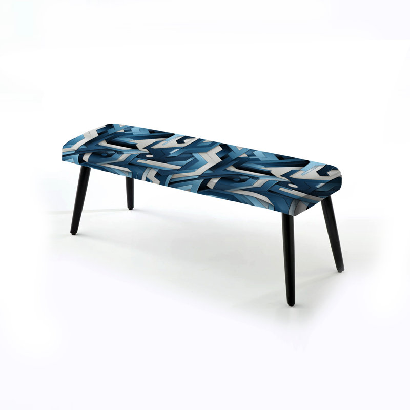 White And Blue Geometric Mosaic Pattern - Geometric Upholstered Black Bench