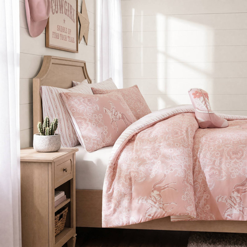 Ensemble de literie rose western cowgirl, 1 place et 1 place et demie, en microfibre.