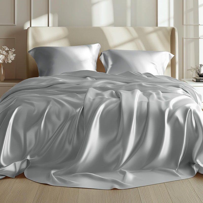Bedsure Satin Sheets Twin Size–3 Piece Silky Bed Set, 15" Deep Pocket Fitted Sheet, Flat Sheet & 1 Pillowcases, Buttery-Smooth, Good for Hair & Skin (Silver Gray)