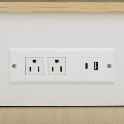 Îlot de cuisine cannelé 82,6 po avec table de salle à manger extensible pour 4 à 6 personnes, rangement double, prise de courant, blanc, plateau en grain de bois, poignée en métal doré, bords arrondis, tablettes réglables, charnières à fermeture en douceur,