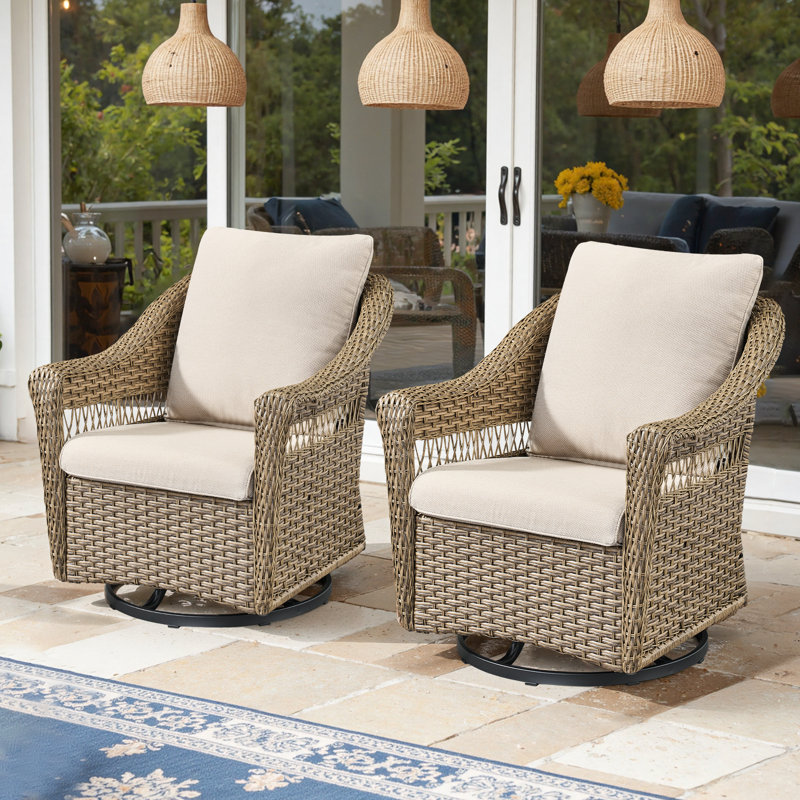 Quirama All-Weather Rattan Outdoor Courtyard High Backrest Swivel Chair With Cushions (Set Of 2)