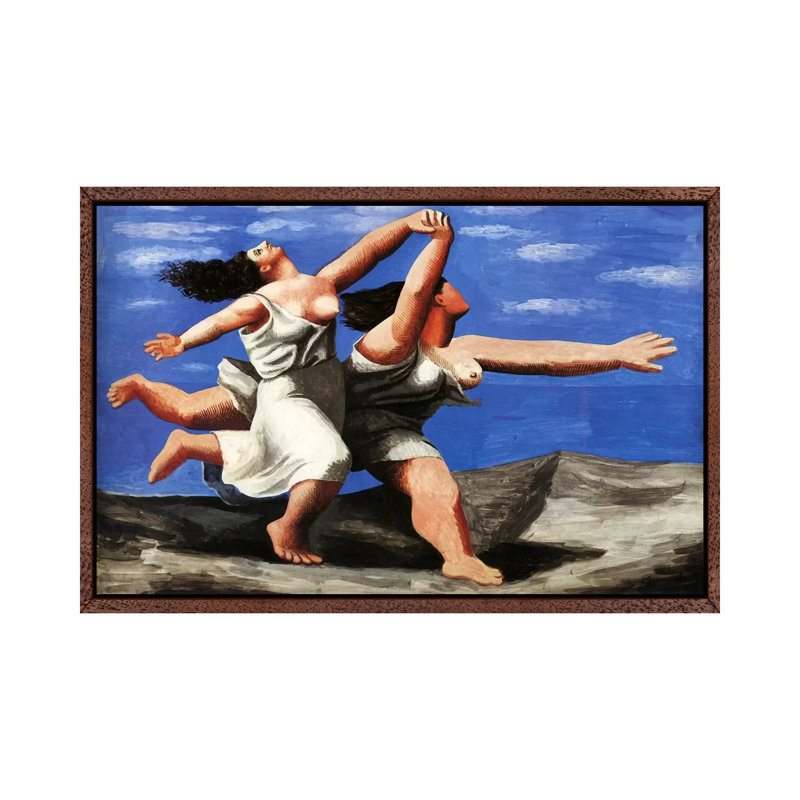 Two Women Running On The Beach by Pablo Picasso - Painting on Canvas, 66.04 cm H x 45.72 cm W, Classic Brown Wood Framed