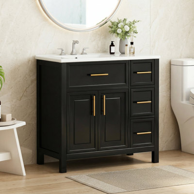 36" Freestanding Solid Wood Bathroom Vanity With Sink, 2 Doors 3 Drawers Cabinet