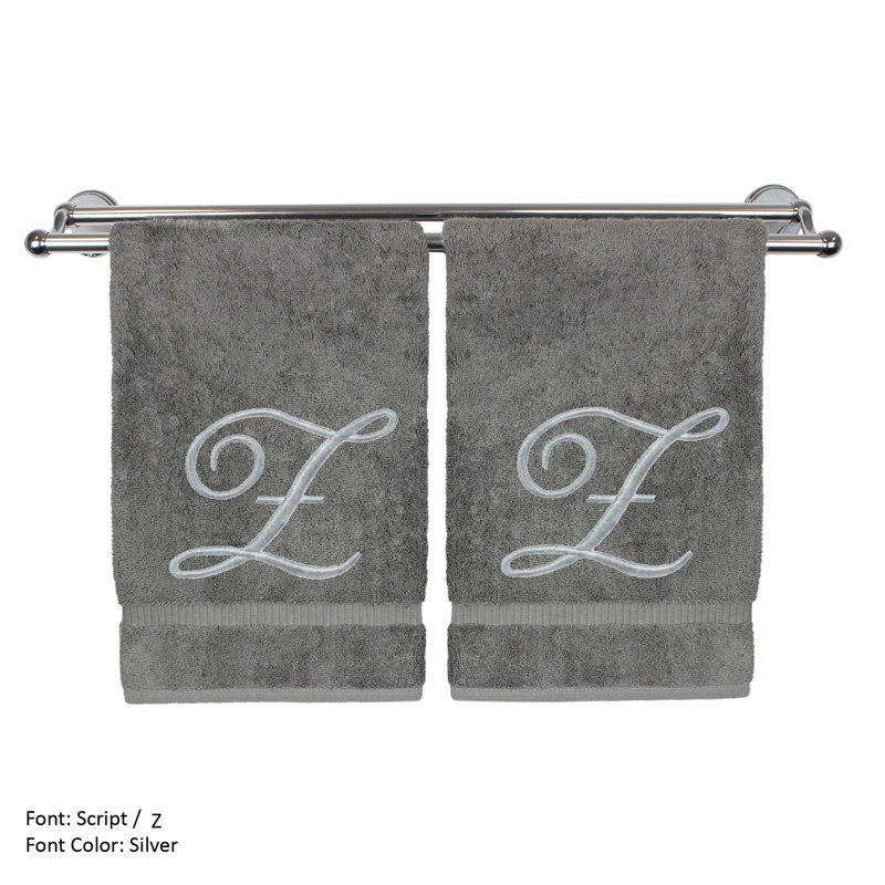 Ensemble de serviettes 2 pièces 100% coton monogramme, Gris/argent, E