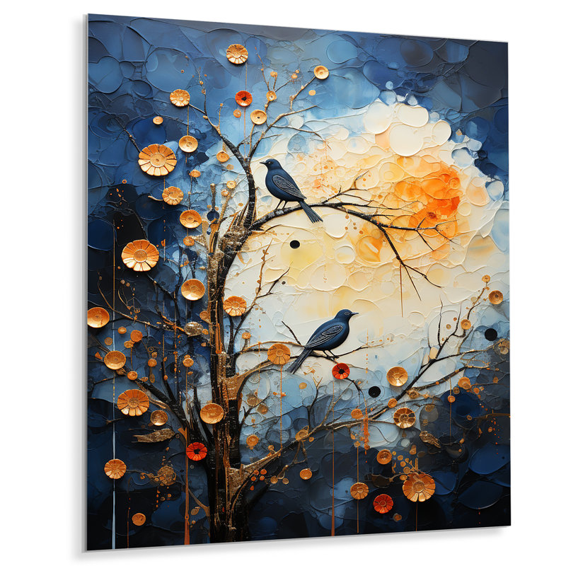«Springtime Blue Bird Singing Blooms III», art mural oiseau en métal, H 40 po x l 30 po x P 1,5 po