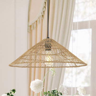 Aisma 20.25" 1-Light Farmhouse Coastal Rattan 180" Cord Plug-In or Hardwired LED Pendant, Brown