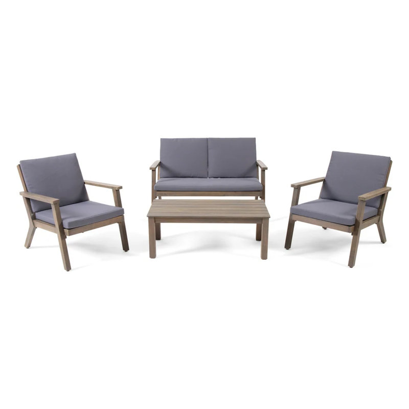 Temecula outdoor acacia wood 4-seater chat set: gray finish with dark gray cushions, loveseat, coffee table & 2 club chairs