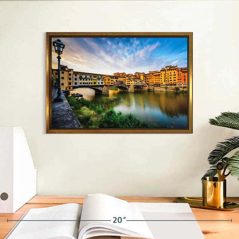 Ponte Vecchio, paysage fluvial, Cadre flottant doré, 13 po x 9 po