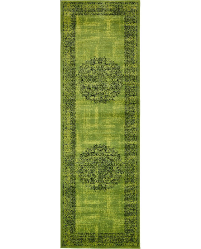 Tapis oriental vert / noir Yareli, Tapis de couloir 3 pi x 9 pi 10 po