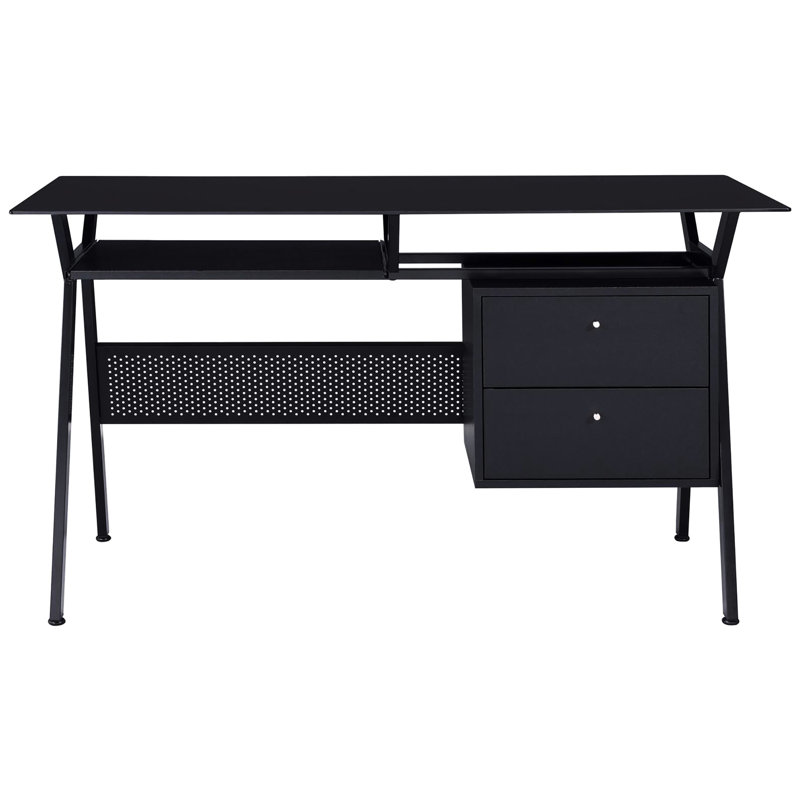 Bureau noir avec espace de rangement pour tiroir et clavier pour une conception efficace.