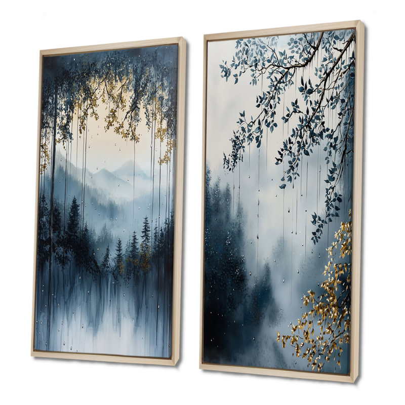 Bleu et or, forêt, pluie, après-midi I - ensemble d'art mural forêt 2 pièces, H 32 po x l 32 po, Érable, Impression encadrée