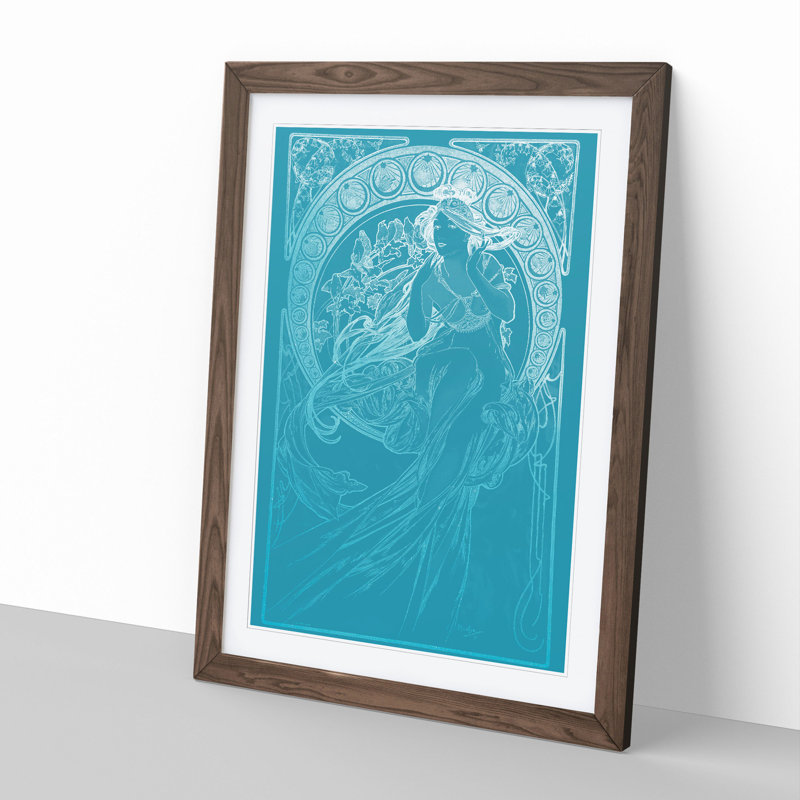 Mucha in Blue by Alphonse Mucha - Picture Frame Painting, 36cm H x 27cm W x 2cm D, Walnut Framed