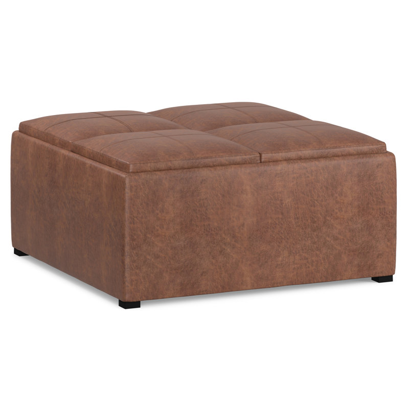Avalon 35"W Upholstered Square Coffee Table Storage Ottoman with Flip-Over Trays, Black, Distressed Umber Brown Faux Leather