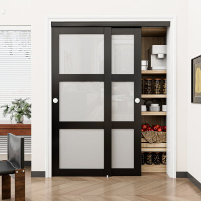 Portes coulissantes noires pour garde-manger et garde-robe de 80 po à 3 verres Lite avec ensemble de quincaillerie (aucun assemblage requis)